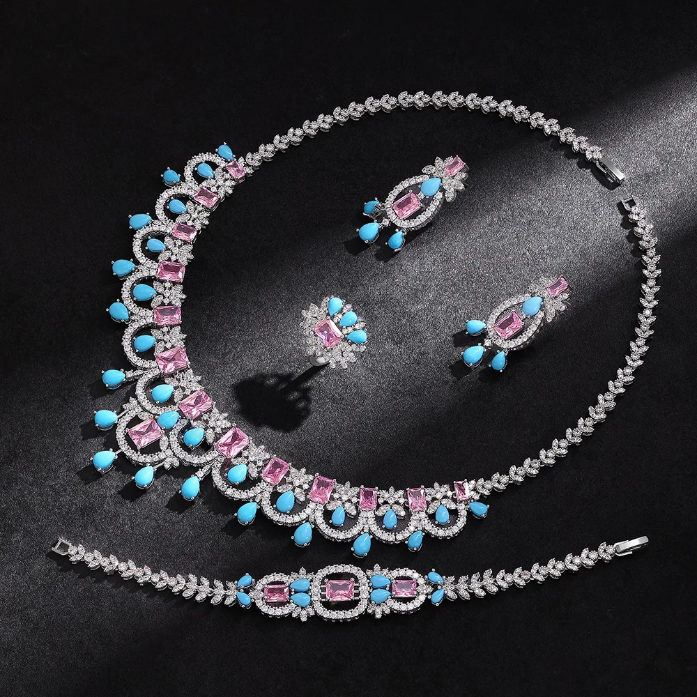 4PCS AAA Cubic Zirconia Bridal Jewelry Set Charm Women Luxury Tassel Necklace Earrings Bracelet Ring Wedding Christmas Gifts