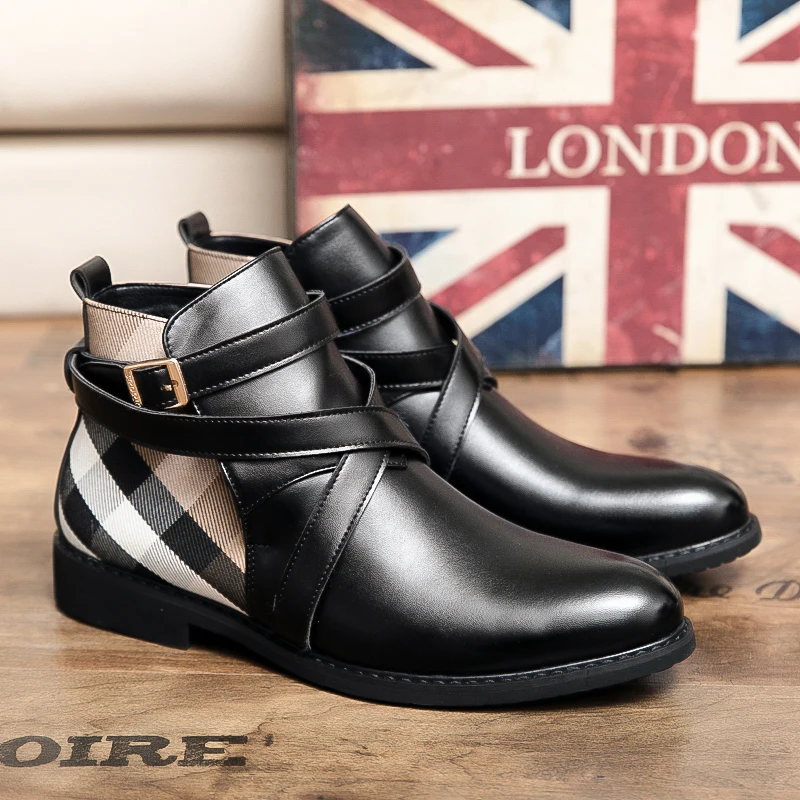 New High Top Retro Men's Leather Black Business Male Casual Shoes for Men Winter Autumn Ankle Plaid Chelsea Boots 2026 Footwear