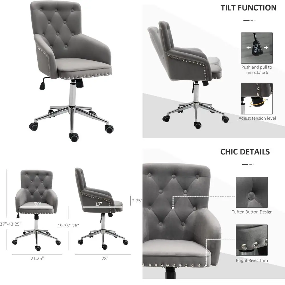 

Mid-Century Modern Velvet Desk Chair with Button Tufting, Nailhead Trim, Swivel and Adjustable Height for Home Office