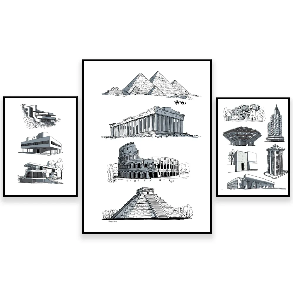 Póster de boceto de arquitectura de deconstrucción antigua, Villa Savoy, Frank Lloyd Wright, Le Corbusier, cartel tipográfico Hans Salon