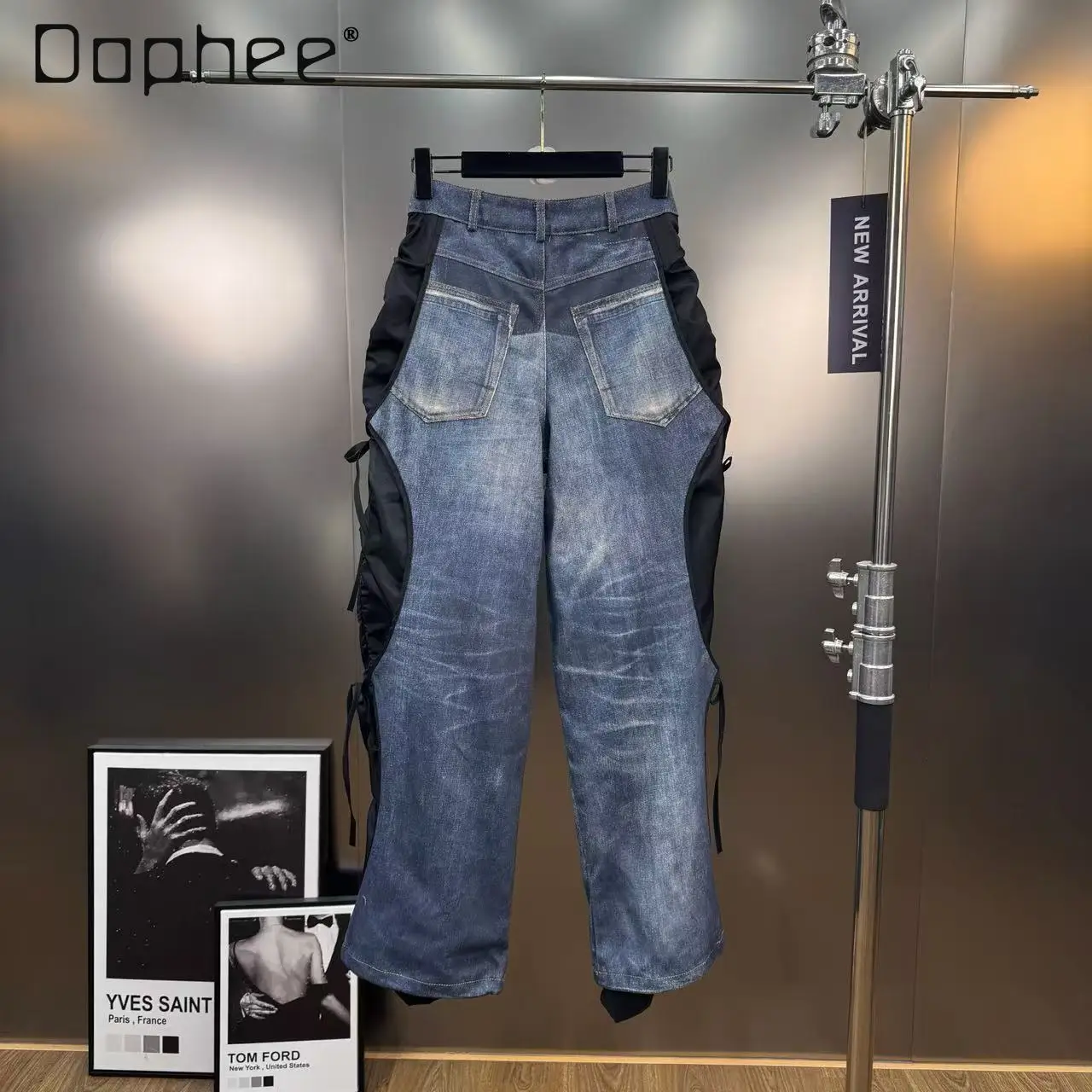 2026 frühling Straße Persönlichkeit Patchwork Schwarz Cargo Hosen Frauen Aushöhlen American Hot Girl Jeans Lose Gerade Lange Hosen