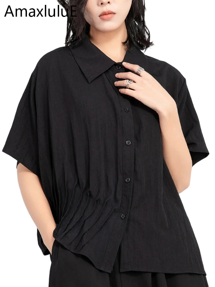 

Amax LuluE 2025 Korean Design Women Summer Fashion Leisure Shirts Ladies Classic Vintage Loose Soild Tops Luxury Cotton Clothes