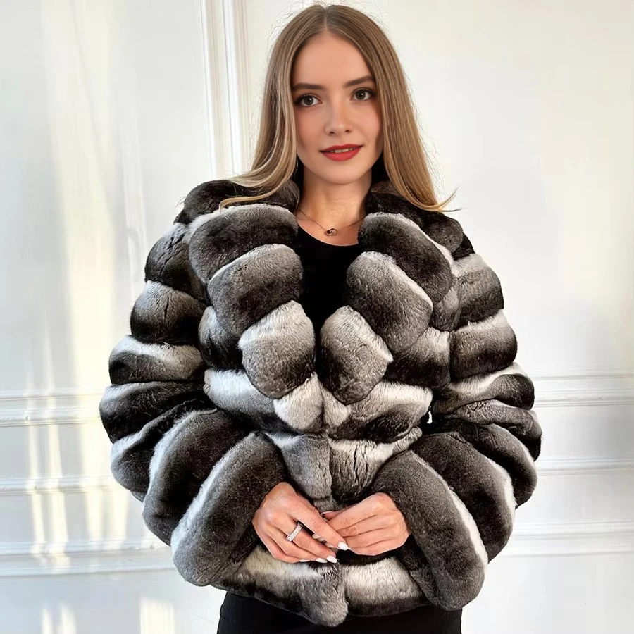 

Natural Chinchilla Rex Rabbit Fur Coats Real Rex Rabbit Fur Jackets With Turndown Collar High Quality Fur Jacket