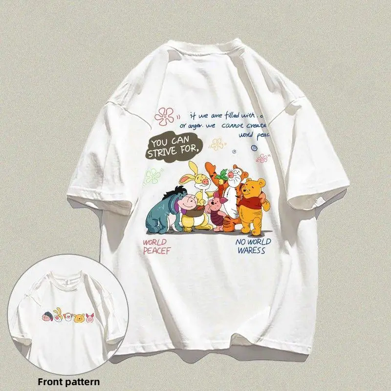 Kawaii Disney Pooh Bear Short-Sleeved T-Shirt 100% Cotton Summer Cartoon New Loose and Versatile Half-Sleeved Couple Style