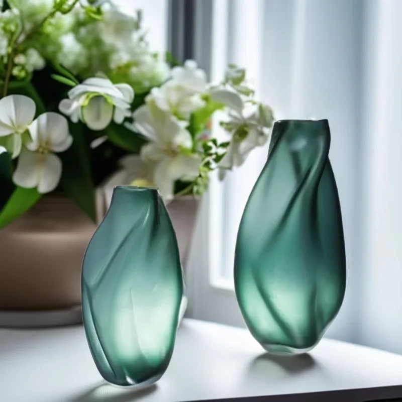 Nordic style Internet celebrity frosted small diameter glass vase green living room flower arrangement, tabletop ornament