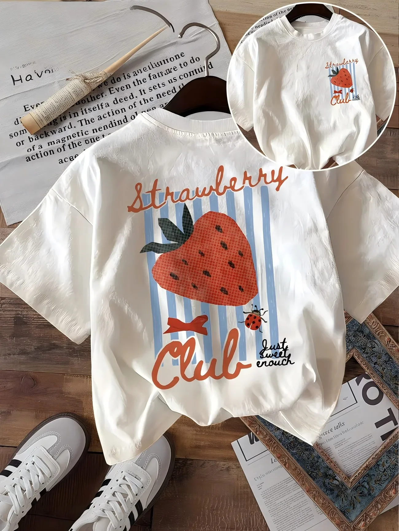 Cute Strawberry Club Graphic T-Shirt Women | Blue Striped Fruit Print Summer Tee | Retro Aesthetic  Top | Sweet Ladybug Shirt