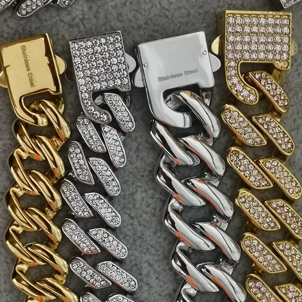 Hip Hop Bling Iced Out Stainless Steel Cuban Miami Link Chain Bracelets for Men Rock Jewelry Gold Silver Color Gift