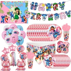 Pink Lilo & Stitch Theme Birthday Party Decoration Paper Tableware Cup Plate Balloon Background For Kild's Baby Shower Supplies