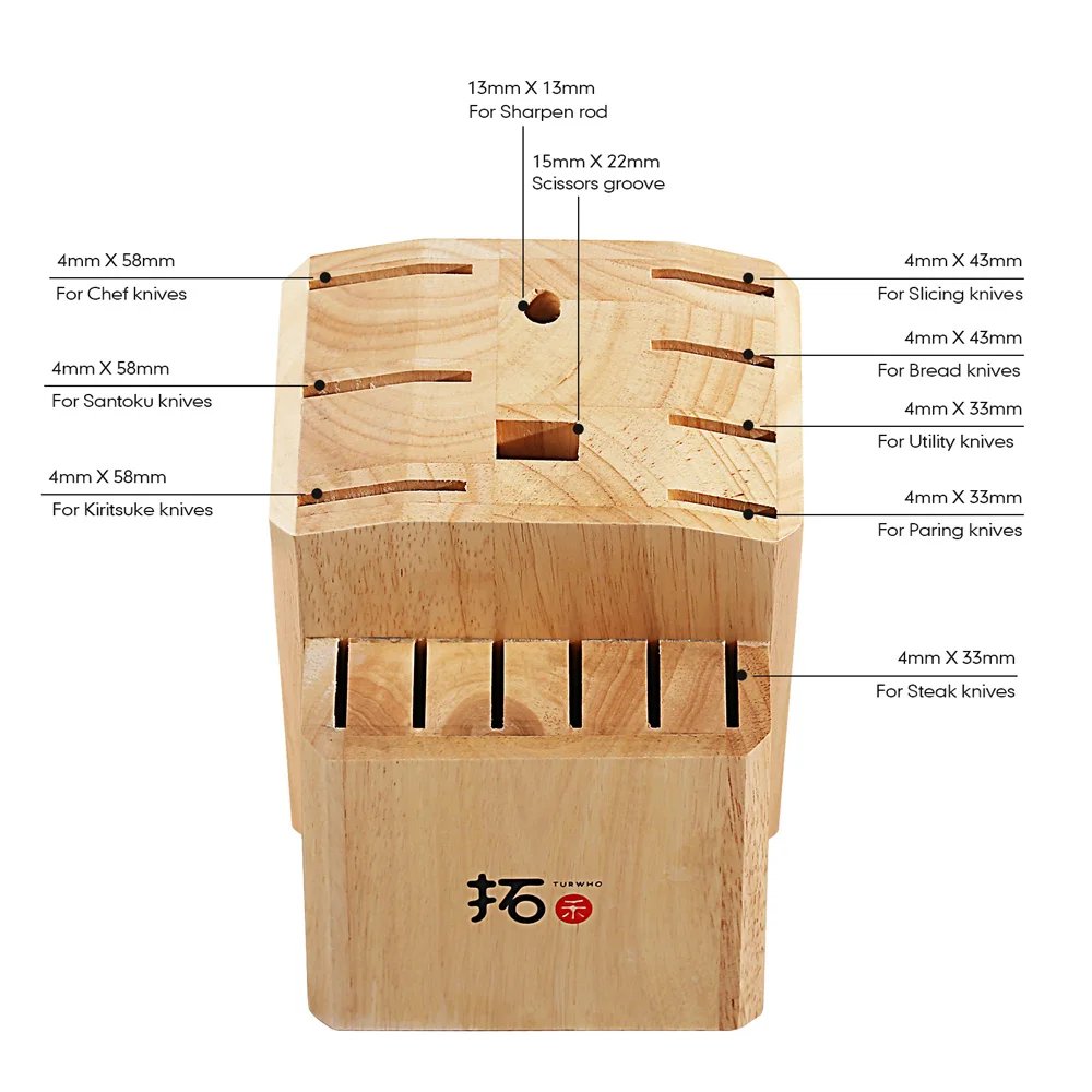 TURWHO Knife Block Acacia Solid Wood For 15PCS Kitchen Knives Set Scissors Sharpening Rod Holder Knife Stand Shelf Storage Tools