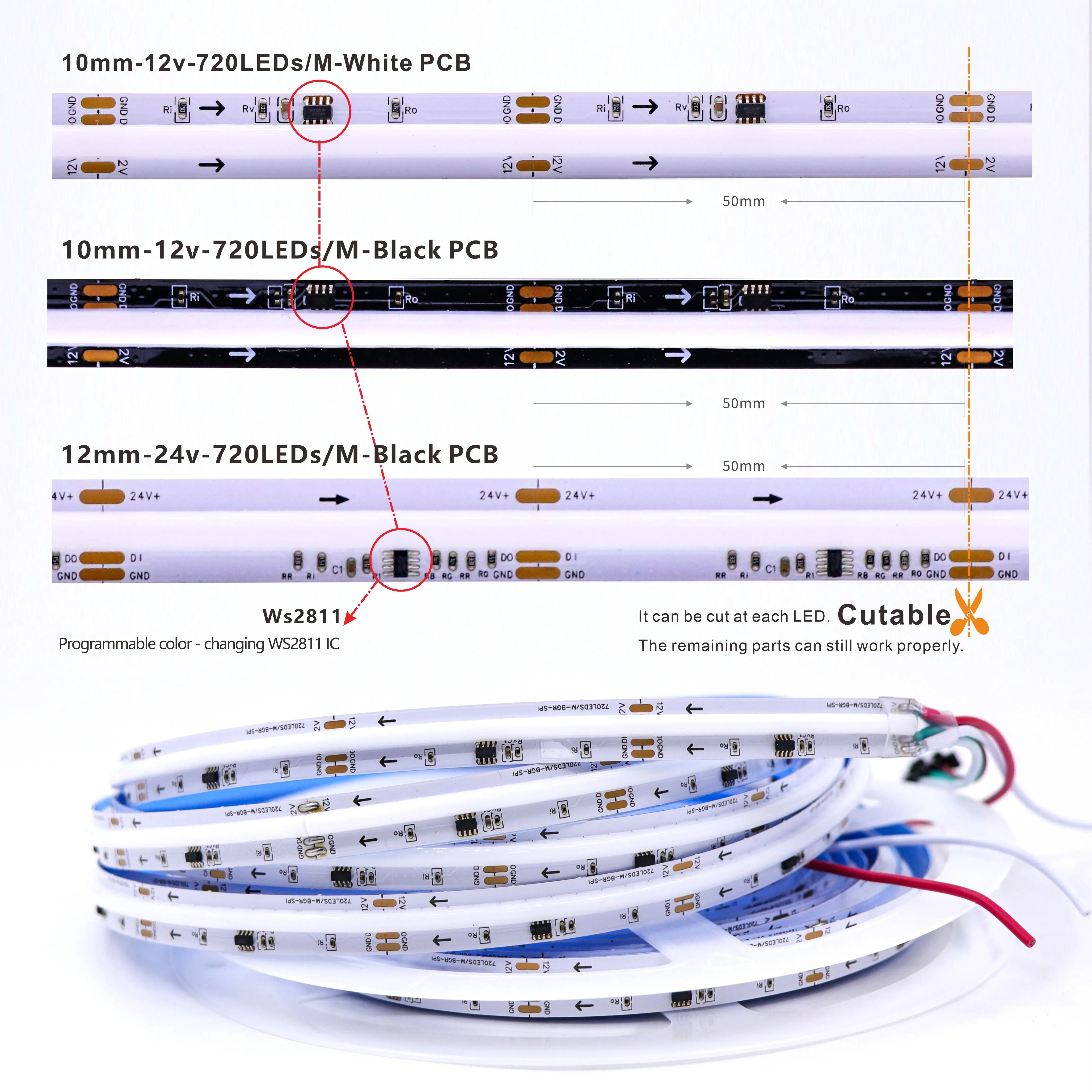Faixa de luz LED que muda de cor COB, DC 12V/24V, 720 LEDs/M. É uma faixa de luz LED endereçável e programável que muda de cor,