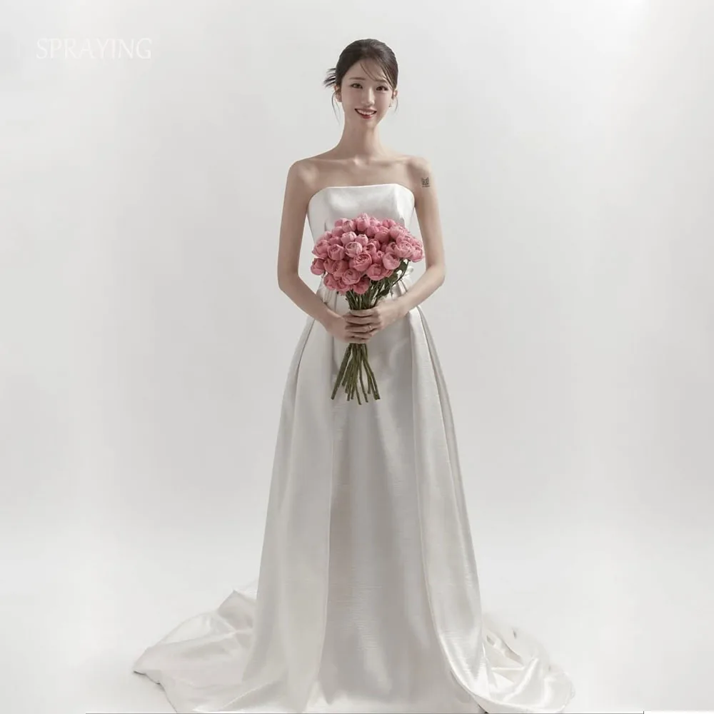 SPRAYING elegante vestido de novia de satén marfil sesión de fotos de Corea sin tirantes una línea vestidos de novia largos corsé personalizado kurs