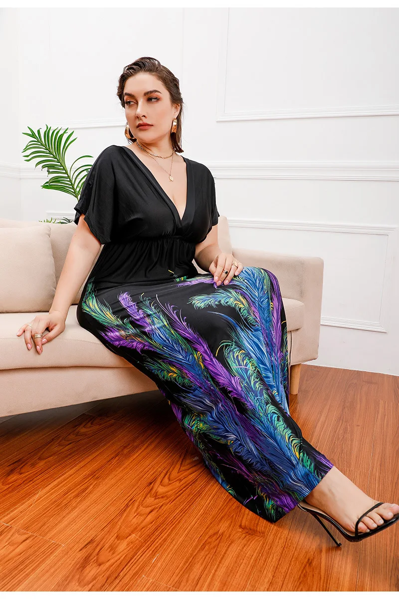 Womens Loose Kaftans Casual V Neck Short Sleeve Boho Floral Long Dress Beach Maxi Dress Summer Swing Party Dresses Vestidos Robe