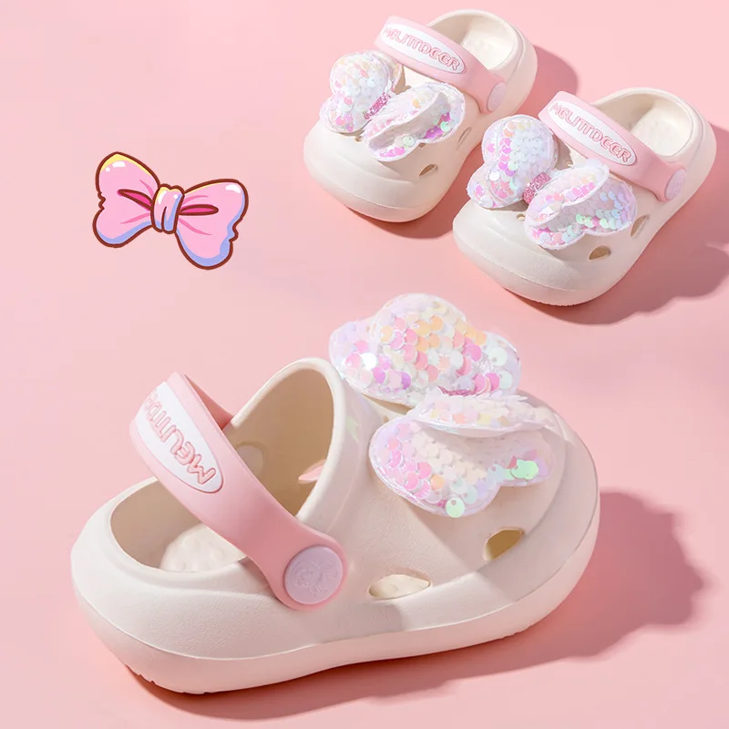 Children Summer Slippers Boys Girls Butterfly Sequined Toes Wrapped Hole Shoes Non-slip Kids Shark EVA Beach Shoes Breathable