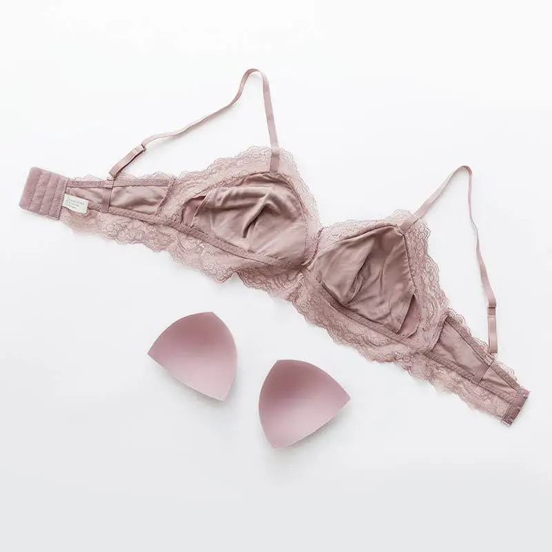 1pc 100% Silk Lining Sexy Triangle Thin Type Lace Trim Wireless Bra Bralette Removable Pads SG404