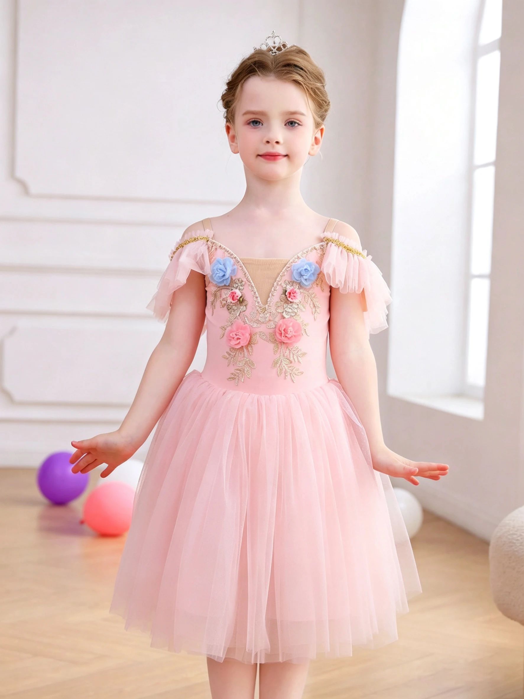 

Girls Pink Velvet Ballet Flower Tutu Dress Romantic Long Skirt Dance Performance Costume Professional Kids' Outfit 2026New