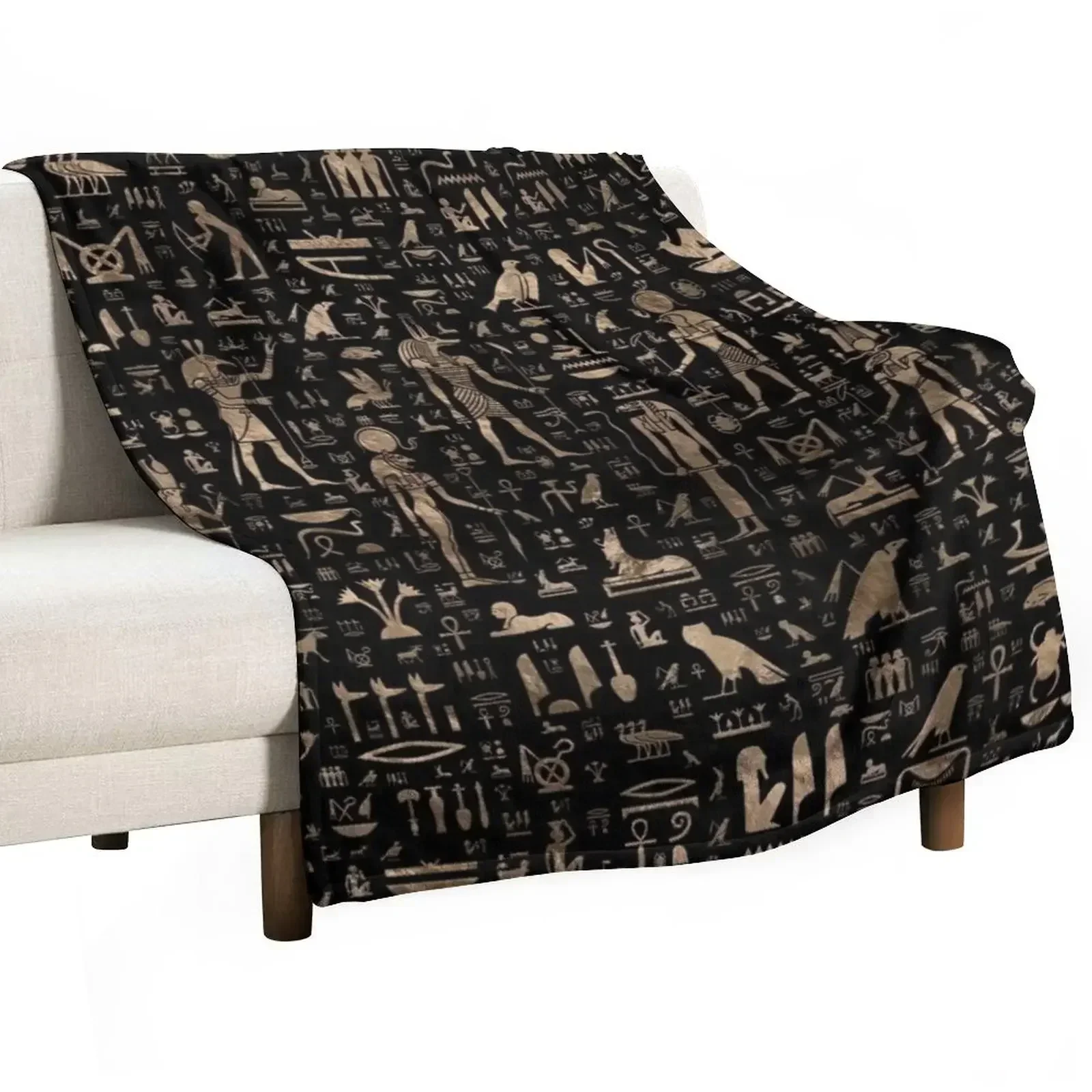 

Ancient Egyptian Gods and hieroglyphs - Black and gold Throw Blanket Thin Bed Blankets