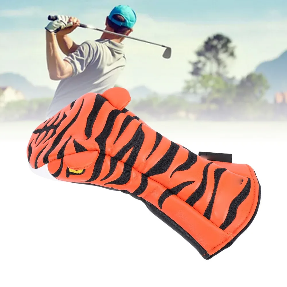 Water Proof PU Wood Club Head Cover Elastic Band Cartoon Tiger Design PU Golf Headcover Lining No.3 5 Size