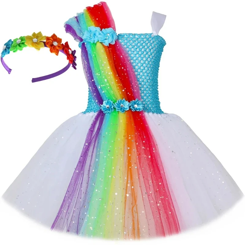 Circus Sparkly Clown Inspired Girls Tutu Dress Kids Carnival Rainbow Dress Up Birthday Party Costume Handmade Tulle Fancy Dress