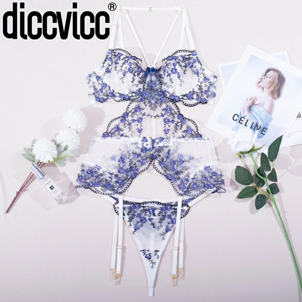 Diccvicc Beautiful Lingerie Floral Intimate Outfit Fancy Top Bra Panty Set See Through Sexy Lace Women Underwear Exotic Apparel