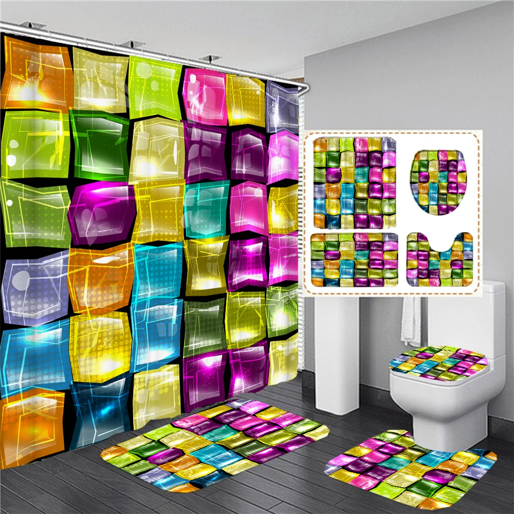 180*180cm Shower Curtain colorful Striped Mosaic Pattern Bathroom Curtains Set Bath Mats Rugs Toilet Lid Cover Anti-slip Carpet