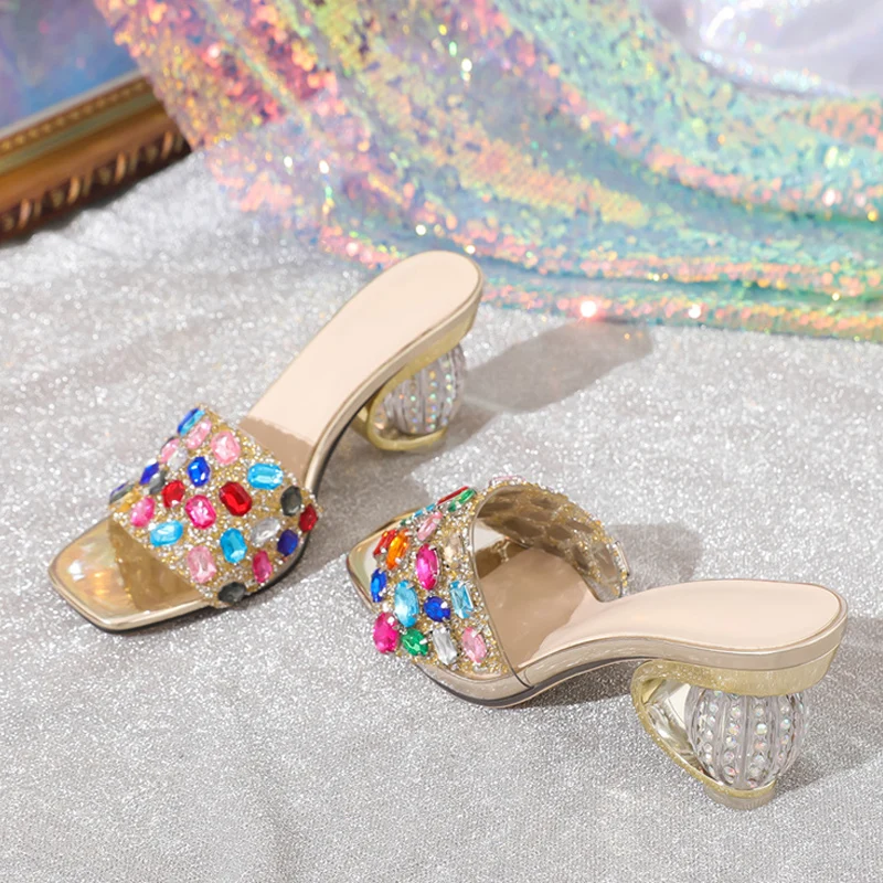 Liyke 2026 New Fashion Mixed Color Gem Diamonds Women Strange Transparent Heels Slipper Summer Sandal Sexy Square Toe Dress Shoe