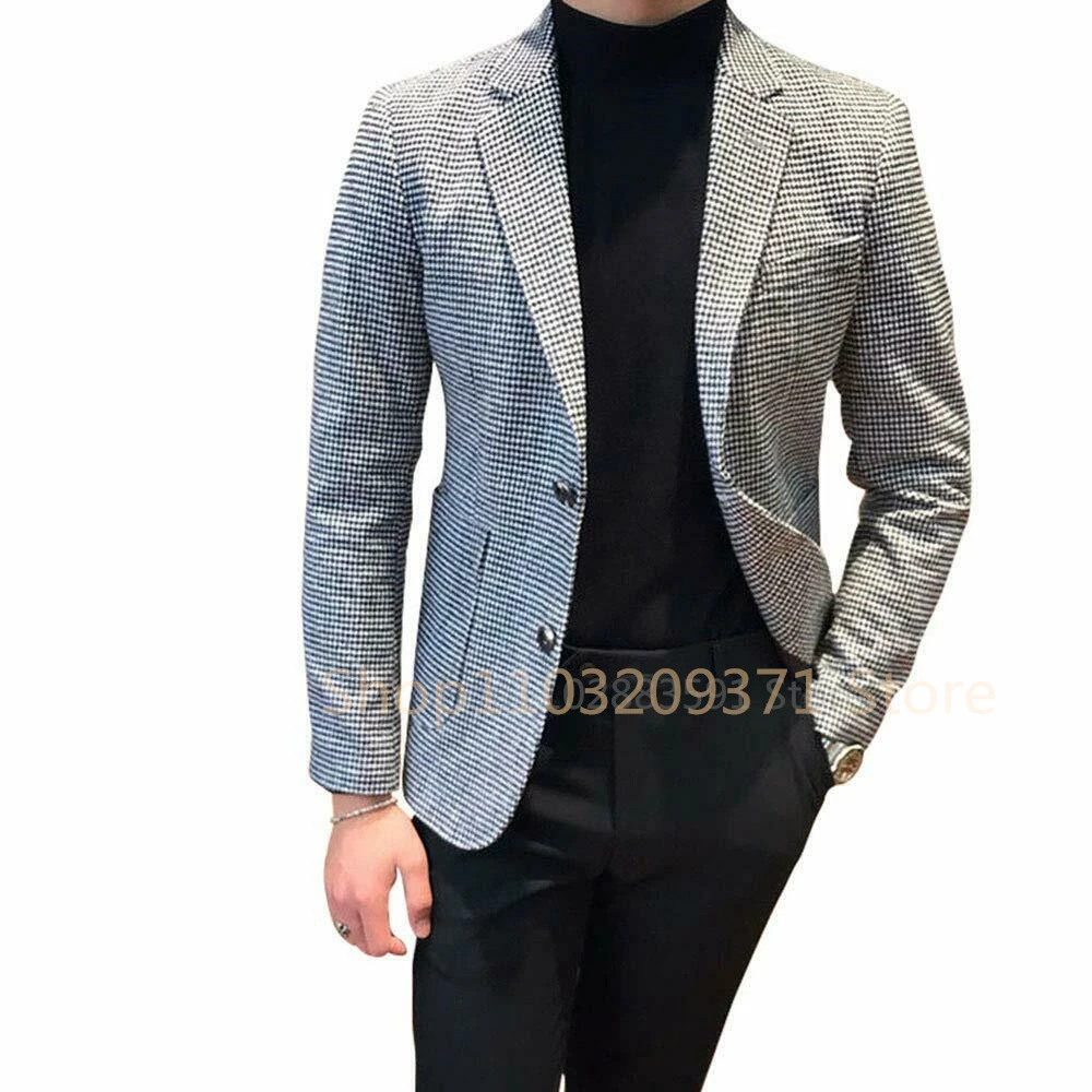 Italian Style Men\'s Blazer Houndstooth Casual Man Suit Jacket Notched Lapel One Piece Check Wedding Coat for Prom Party