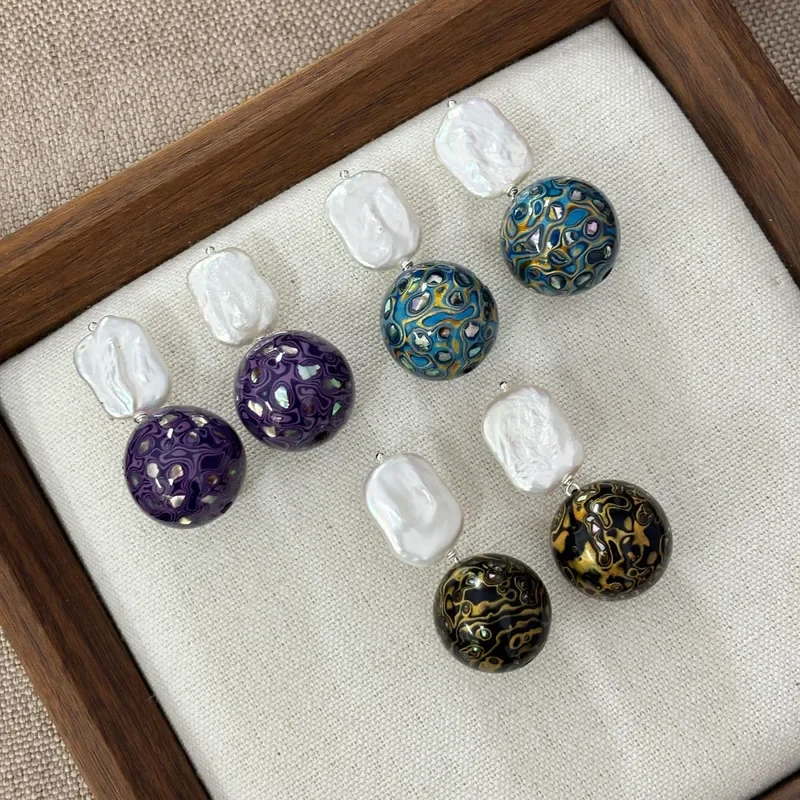 Intangible Cultural Heritage Large Lacquer Dian Round Bead Earrings Natural Baroque Special-shaped Pearl Earrings Chinese
