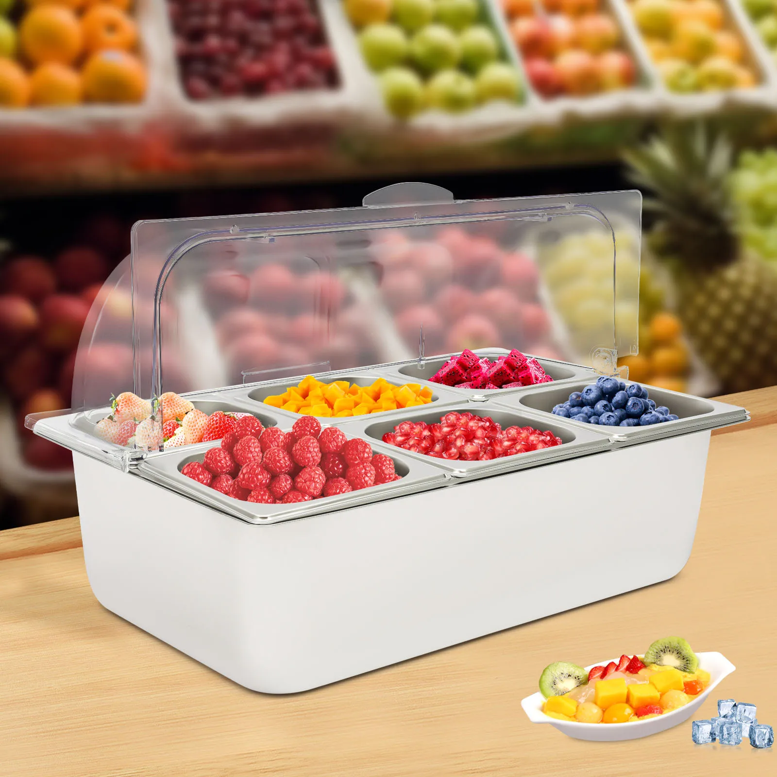 Ice Food Serving Display Tray, Stainless Steel and PC, 6 Pans with 3.59qt Capacity, for Buffets and Catering Events, 53x33x33cm