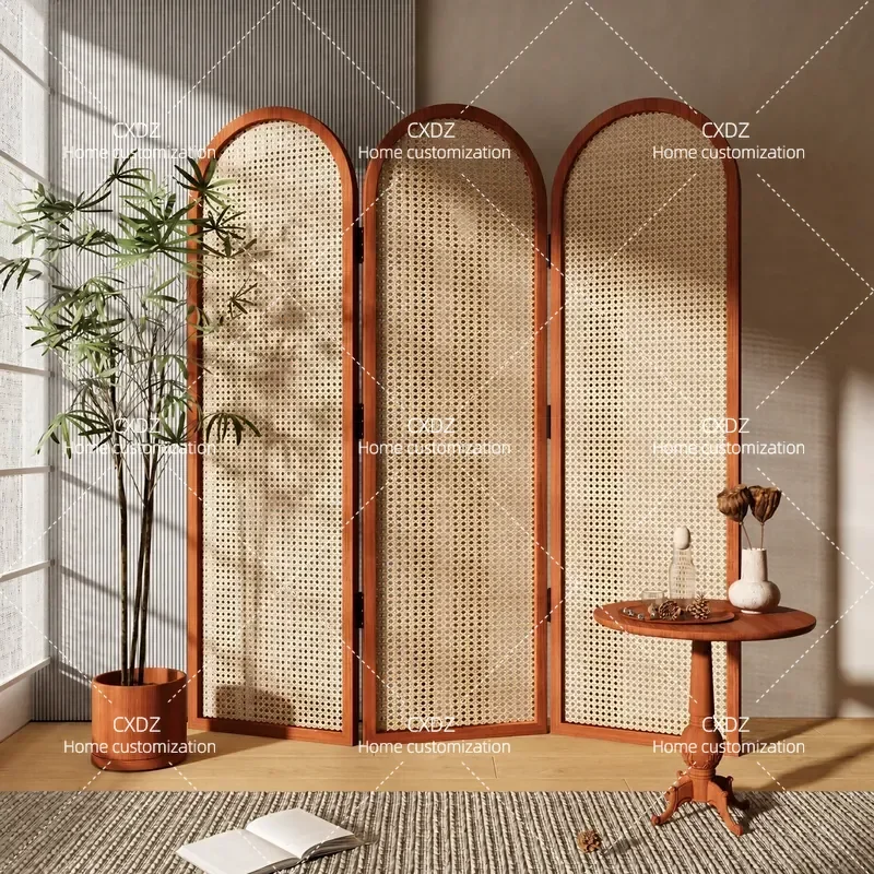 Medieval Solid Wood Rattan Folding Screen Decorative Partition for Hotel Office Simple Mobile Room Divider
