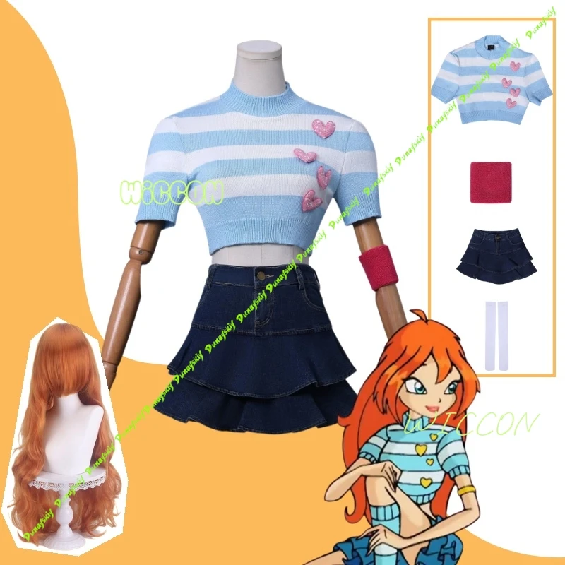 

Аниме Bloom Косплей Win Clubb Костюм Jirai Kei для девочек Ретро полосатый вязаный сердце Прекрасная футболка с короткими рукавами Мини-платье Cos