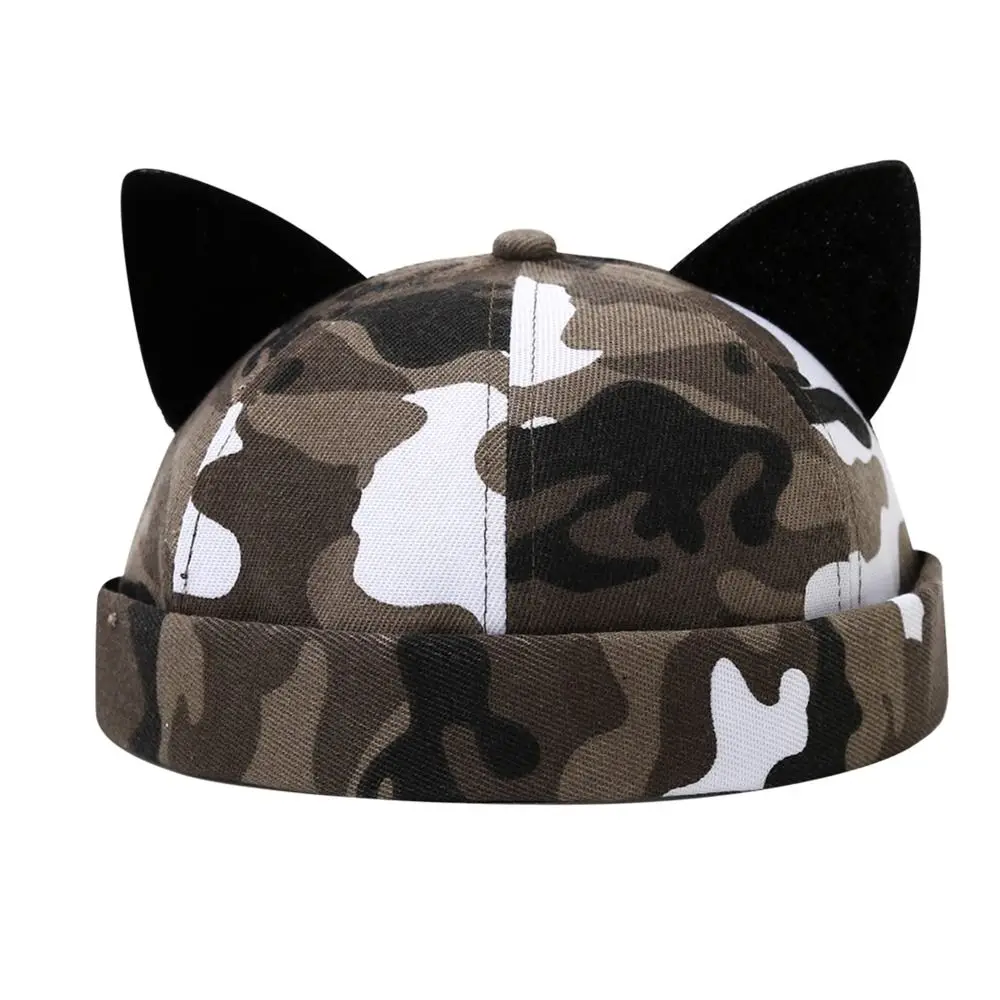 Fashion Brimless Skull Cap Black Cat Ears Rolled Cuff Melon Docker Cap Adjustable Beanie Hat Outdoor