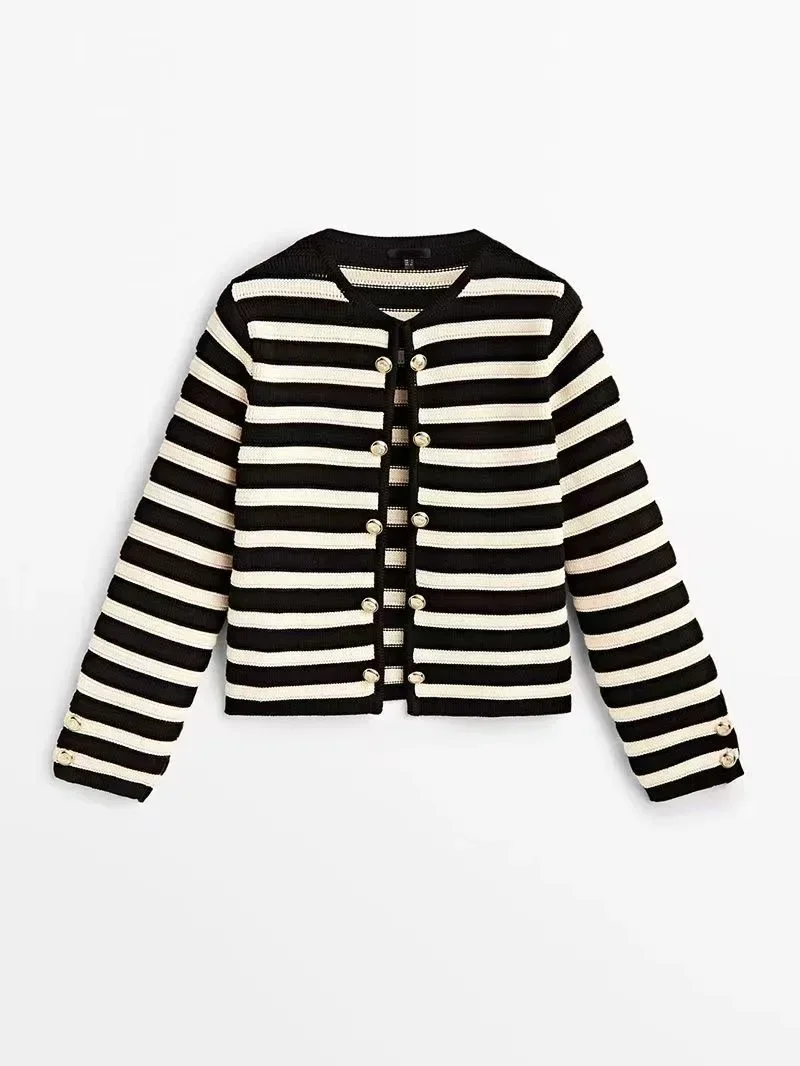 Spanish MD European and American women\'s clothing 2024 Spring and Autumn new style casual classic striped knitted top cardigan