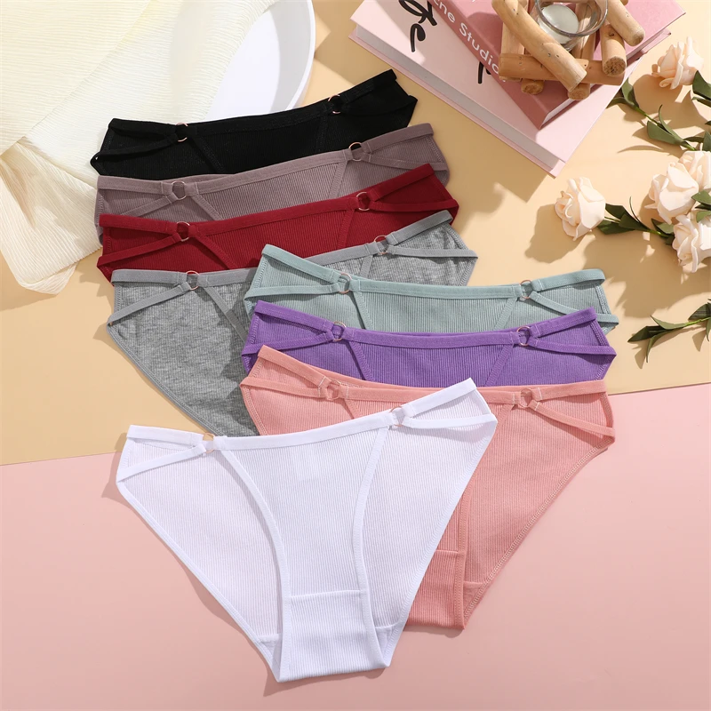 FINETOO 4Pcs Cotton Striped Underwear Women's Double Belt Panties Sexy Low Waist Solid Briefs Female Breathable Comfort Lingerie