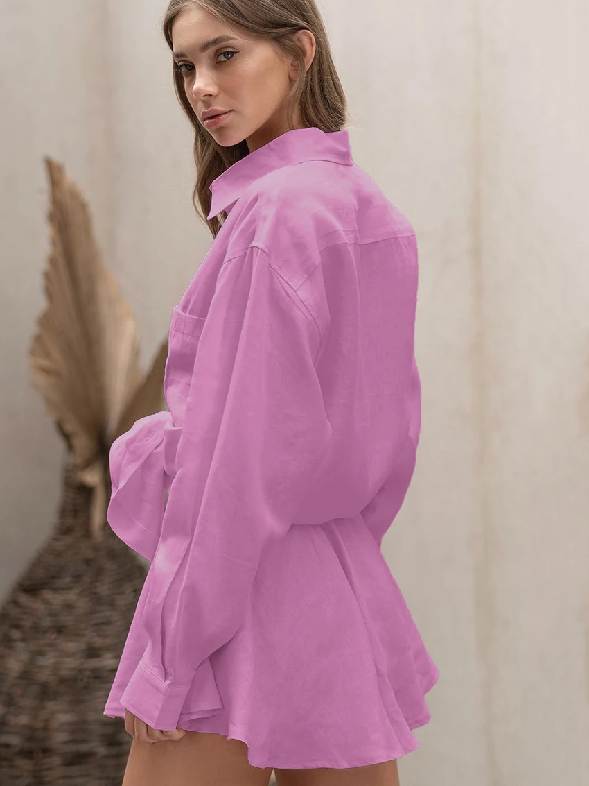 Marthaqiqi Winter Women Pajamas 2 Piece Set Turn-Down Collar Sleepwear Long Sleeve Nightgown Shorts Causal Ladies Nightwear Suit