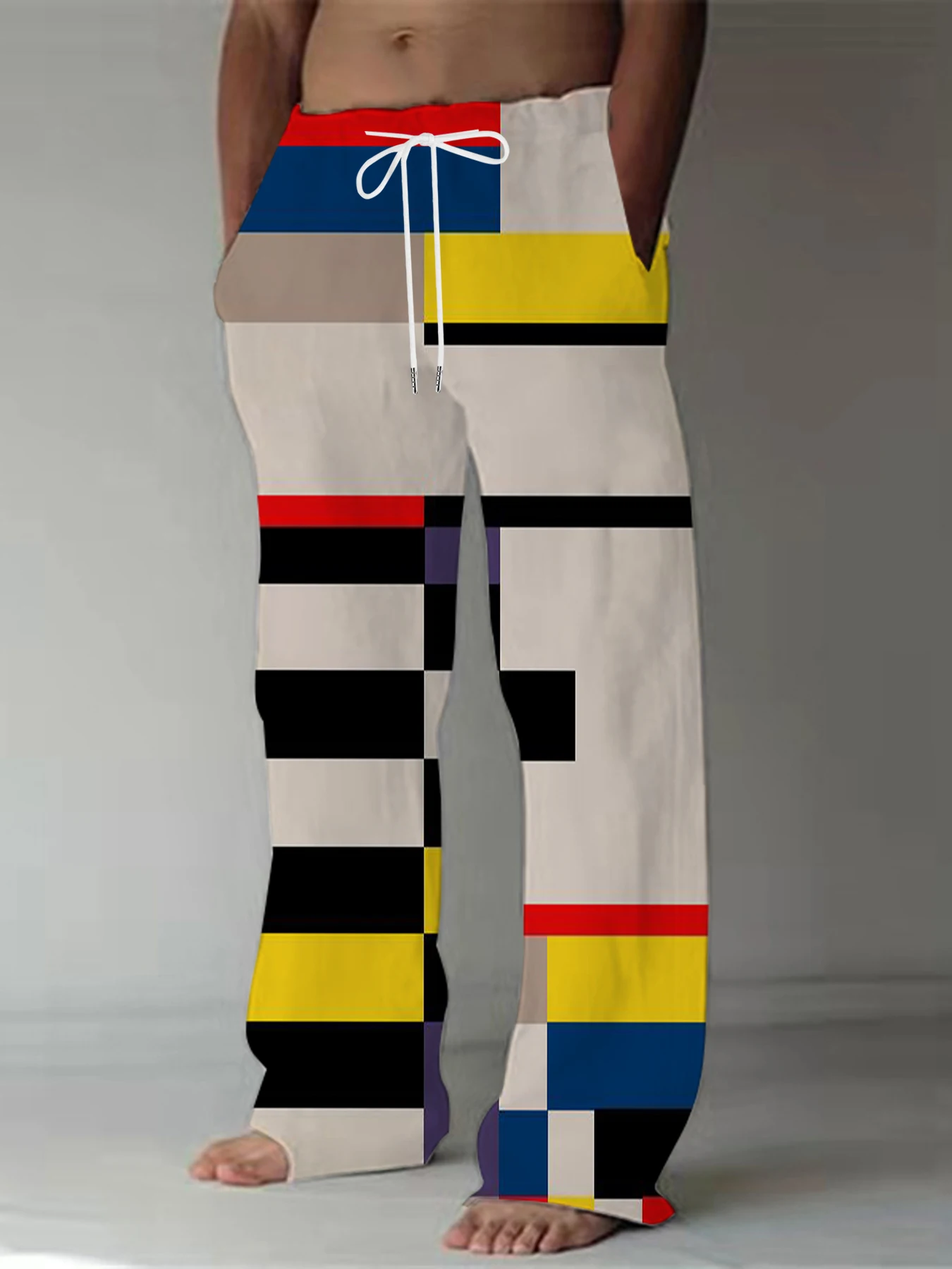 

2026 Men's Printed Straight Leg Pants Vibrant Abstract Design Drawstring Waist Loose Fit Summer Beach Casual Fashion Pants