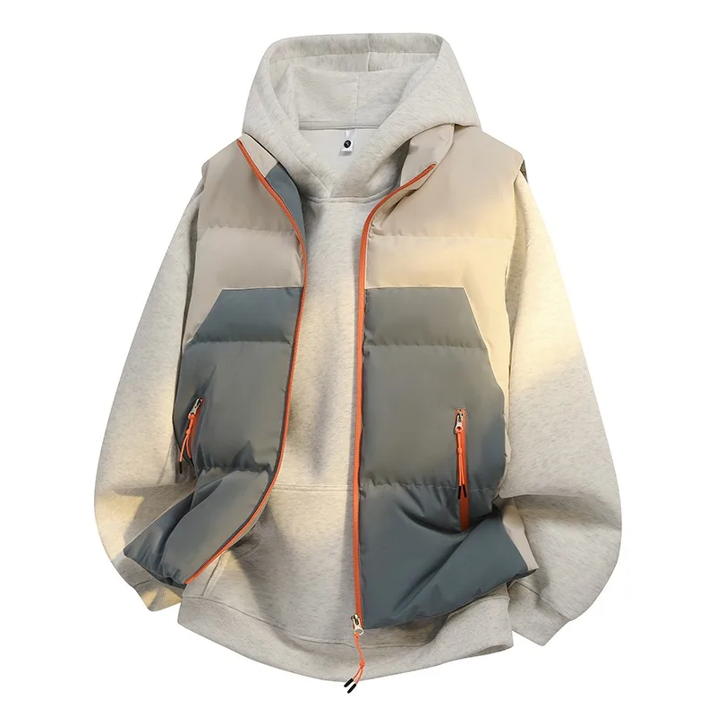 

Мужской жилет без рукавов контрастного цвета, осенне-зимний кардиган с карманом на молнии и высоким воротником, модный повседневный жилет, топ