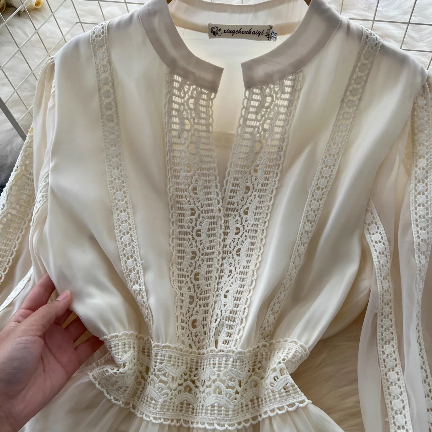 French Elegant Lace Embroidery Prom Long Dress Women's V Neck Lantern Sleeve High Waist Hollow Out Evening Party Robe Clothing