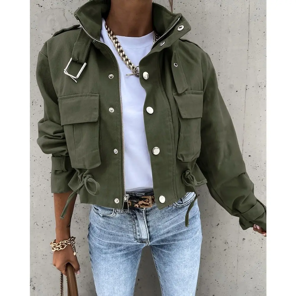 

Women's Retro Motorcycle Short Jacket Autumn Winter Vintage Outerwear Female Warm Thin Coat Long Sleeve Cropped Overcoat