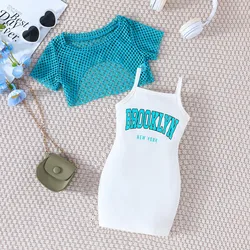 2pcs Set Baby Children Dresses Summer Hollow Outfit Cover Up+Letter Print Hip Dress For Girls 2024 Clothes Toddler Girl Dresses