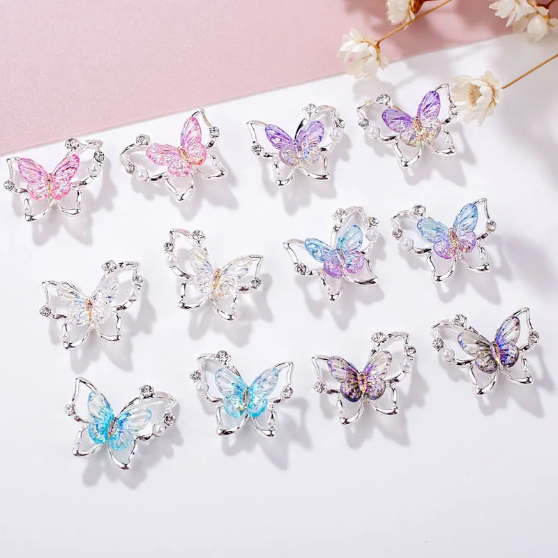 10 pçs borboleta encantos do prego ouro prata acessórios do prego material de liga resina peças do prego para manicure imprensa em unhas com gel