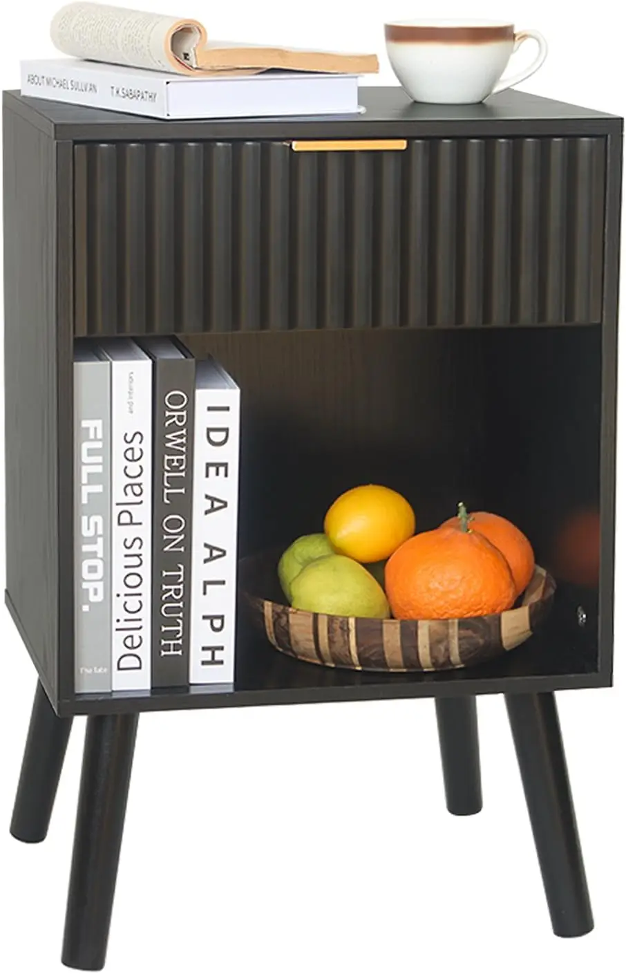 

Black Fluted Nightstand, Modern Bedside Table with Drawer and Opening Storage, End Side Table Living Room with Solid Wood Leg