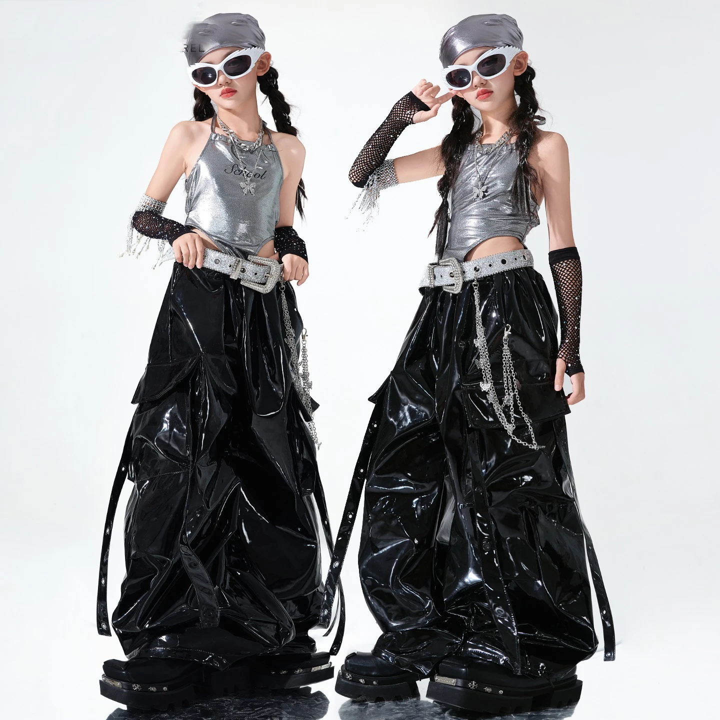 

Jazz Dance Clothes Girls Silver Tops Leather Black Pants Kpop Hip Hop Performance Costume Catwalk Concert Stage Outfit BL16537