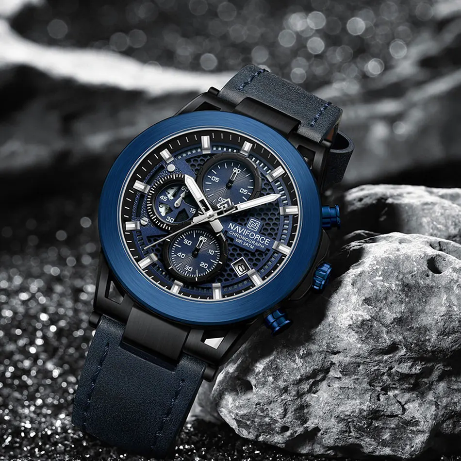 NAVIFORCE 8073 Orologio militare al quarzo da uomo Cinturino in pelle Cronografo Orologi sportivi Orologi da polso impermeabili Regalo per uomo Orologio