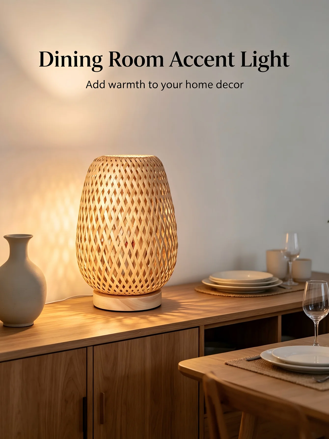 Hand-Woven Rattan Table Lamp with Hollow Shade Wooden Base Plug-Powered Warm Night Light Wabi-Sabi Decorative Lamp with Free Con