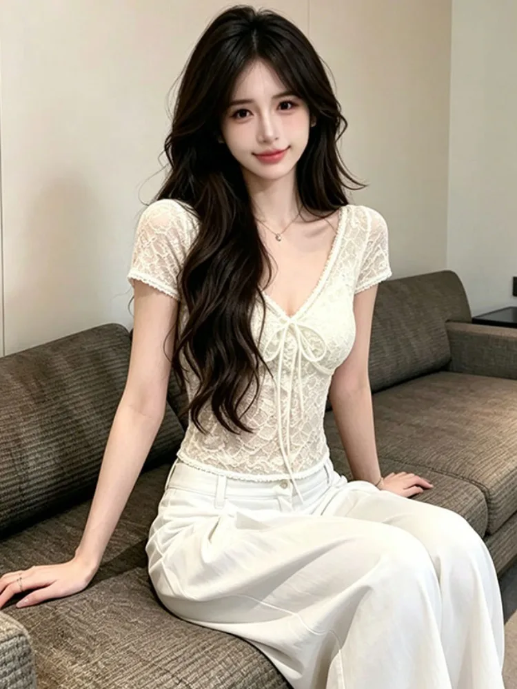 

Pure Desire Knot V-neck Short Sleeve T-shirt Women's Summer New Korean Style Lace Slimming Color Versatile Top