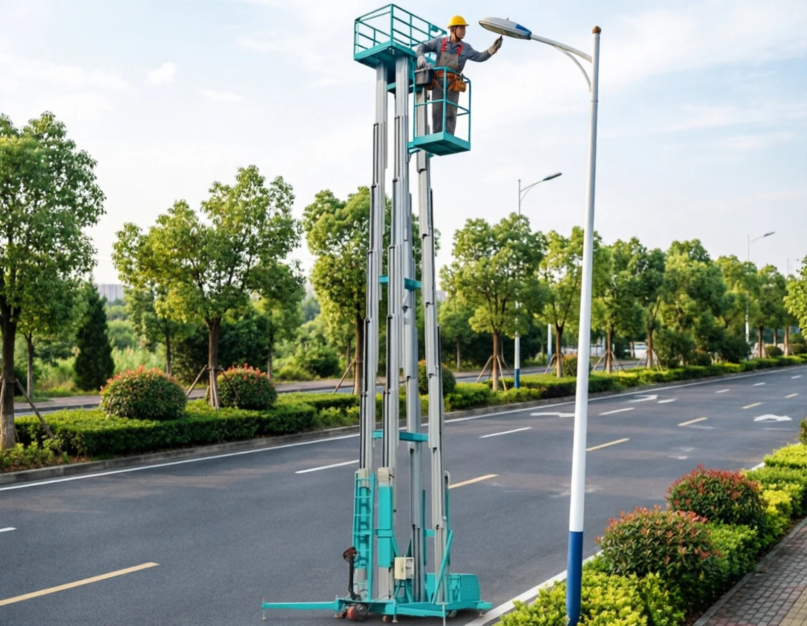 Single Vertical Mast Aluminum Man Lift Light Weight Compact Layout Small Office Ceiling Repair Portable Hydraulic Table