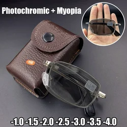 New Foldable Photochromic Myopia Glasses for Business Men Unisex Portable Color Changing Finished Near Sight Sun Glasses To -4.0