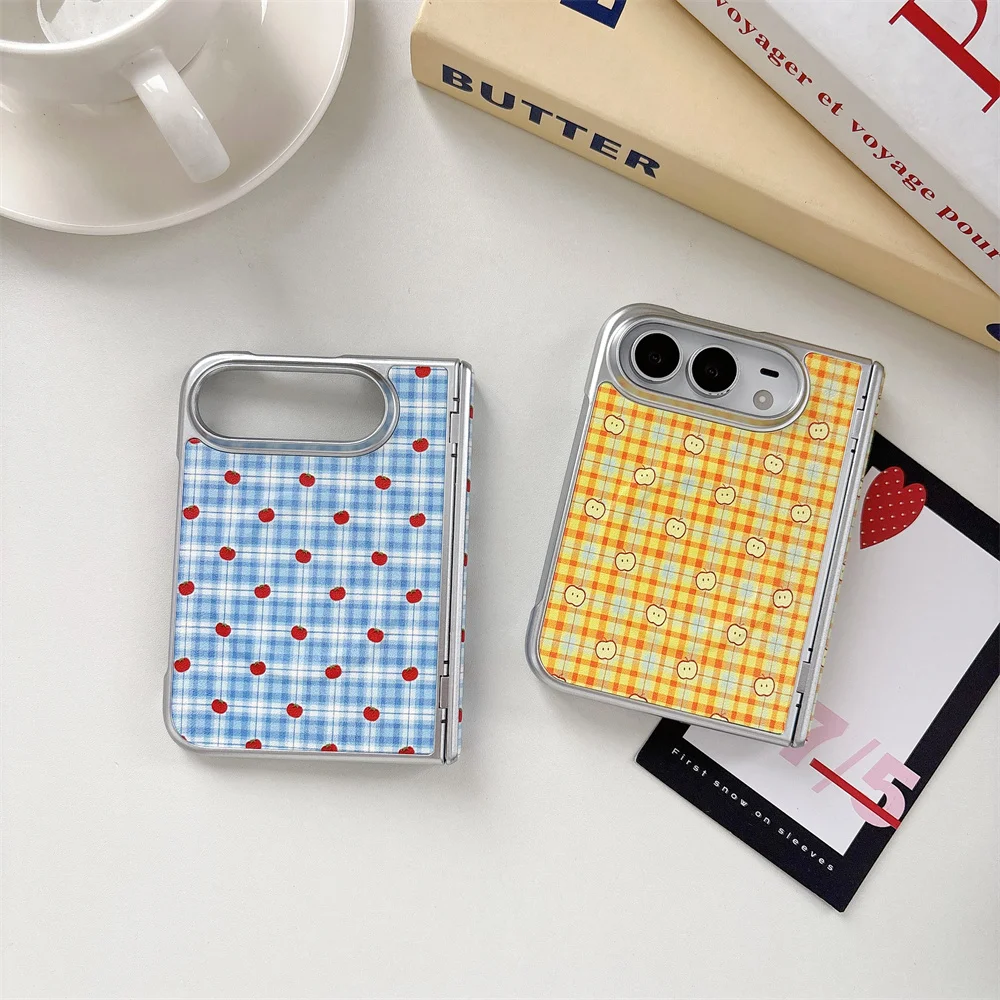 Korea Cute Plaid Cherry For Apple Magnetic Rotating Bracket Phone Case For iPhone Duo Kawaii Hard Protective Cover For Magsafe