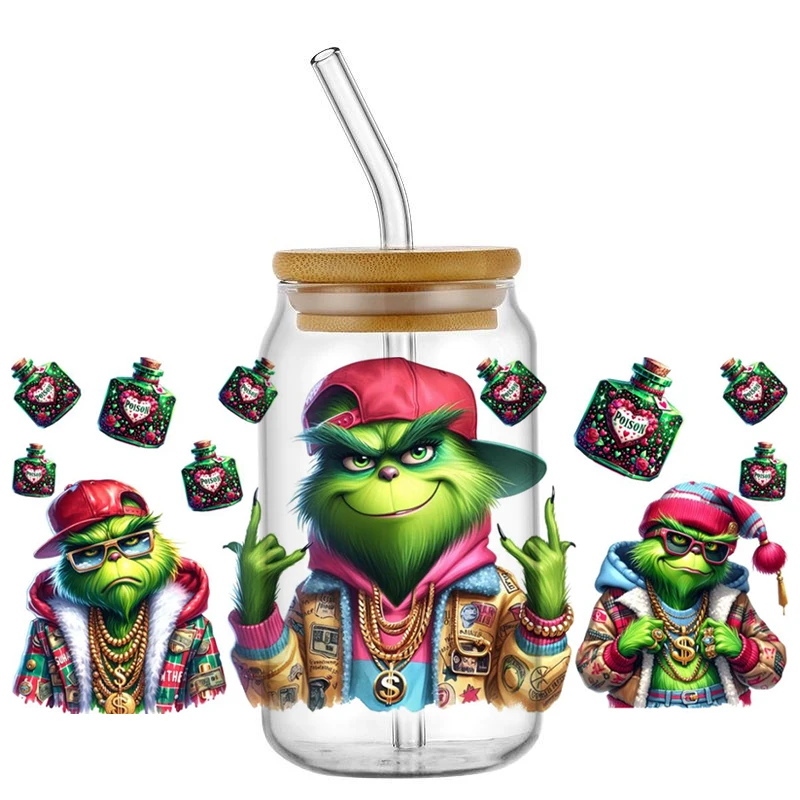 Hip Hop Streetwear Christmas Green Monster UV DTF Cup Wrap Waterproof Cold Transfer Sticker for 16oz Libbey Glass Can DIY Decor