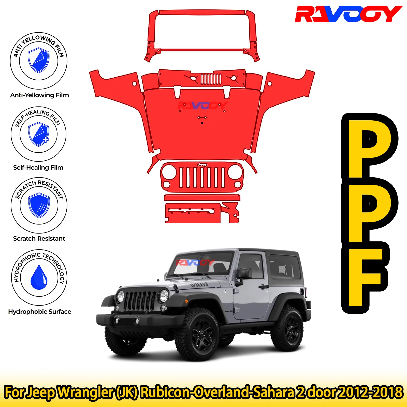 

Для Jeep Wrangler (JK) Rubicon-Overland-Sahara 2-дверный 2012-2018 глянцевый матовый черный предварительно вырезанный передний комплект PPF защитная пленка для краски